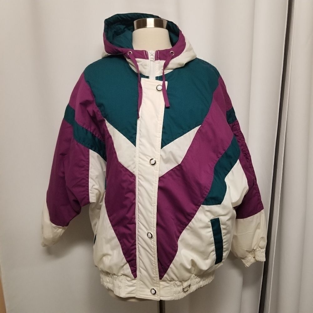 Vintage 80s Retro Teal Purple Winter Ski Puffer Jacket Coat Andy Johns Unisex Md
